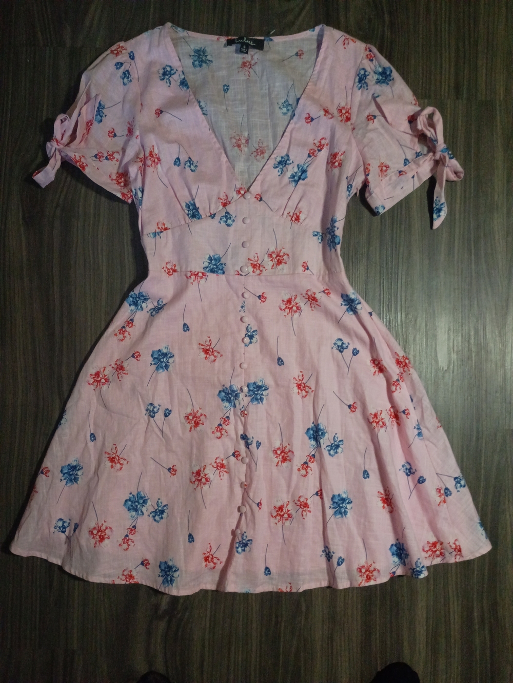 Lulu's Pink Floral Button-Front Dress with Blue & Red Accents